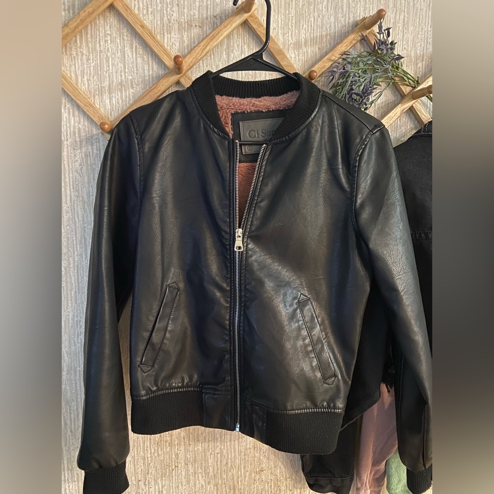 Black bomber faux leather jacket